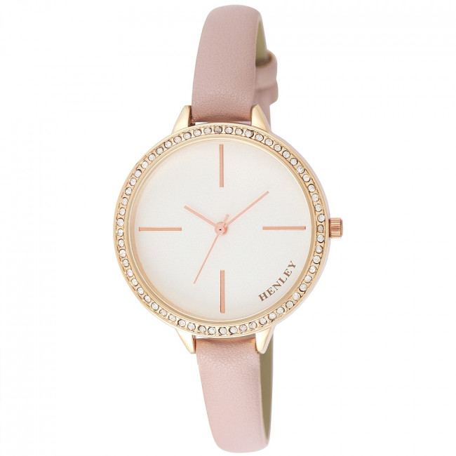 Stone-set Skinny Strap Watch - Pink (H06142.5) by Henley